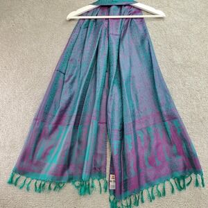 Silk Mark India Teal Magenta Paisley Silk Scarf Shawl with Tassels